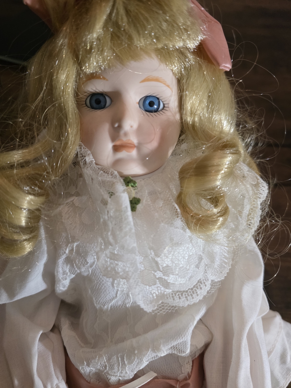 Blonde Porcelain Collector Doll with Blue Eyes - White Lace Dress